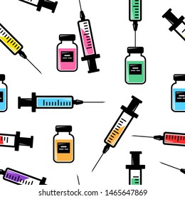 Medical seamless pattern with syringe for injection, colorful vaccine, vials of medicine. Vector illustration