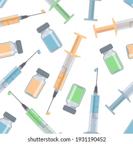 Medical seamless pattern. Syringe with needle, medication bottle. Flat style background. Vector