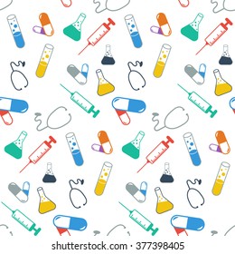 Medical seamless pattern with a syringe stethoscope test tube bulb pill Colored Vector