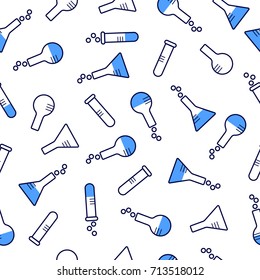 Medical seamless pattern with test-tube, flask and bottle. Vector illustration on white background.