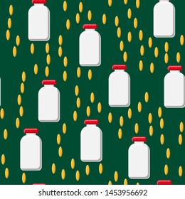 Medical seamless pattern, texture of medicinal pharmaceutical tablets, cans, capsules, vitamins, drugs, antibiotics, omega 3 fish oil isolated on a green background. Concept: health care - Powered by Shutterstock - Get 15% off with code: PIKWIZARD15