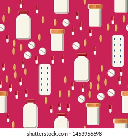 Medical seamless pattern, the texture of medicinal pharmaceutical tablets, cans, capsules, vitamins, drugs, plates, antibiotics, omega 3 fish oil isolated on a pink background. Concept: health care