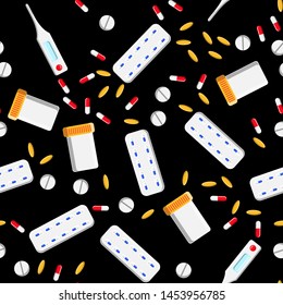 Medical seamless pattern, texture from medicinal pharmaceutical tablets, cans, capsules, vitamins, drugs, plates, antibiotics, fish oil, thermometer isolated on a black background. Concept: health