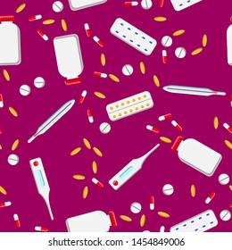 Medical seamless pattern, texture of medicinal pharmaceutical pills, cans, capsules, vitamins, drugs, plates, antibiotics, fish oil, thermometer isolated on a purple background. Concept: health care