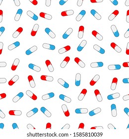 Medical seamless pattern, texture of medicinal pharmaceutical pills, vitamins, drugs, antibiotics on white background. Concept design for health care theme