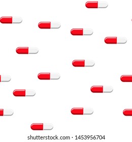 Medical seamless pattern, texture of red and white medicinal oval pharmaceutical beautiful tablets, capsules, vitamins, drugs, antibiotics isolated on a white background. Concept: health care