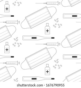 Medical seamless pattern with thermometer, medical mask, syringe, pills. Vector illustration