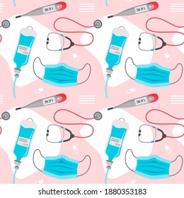 Medical Seamless Pattern with Thermometer, Stethoscope, Surgical Mask, and Saline Bag. You can use this design to create poster, tshirt, pillow, tote bag, pouch, phone case, etc.