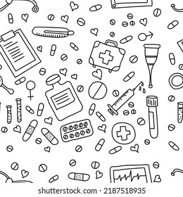 Patrón médico sin fisuras. Texturas de mosaico con iconos de línea delgada. Ilustración vectorial. Resumen de los antecedentes de salud y medicina para aplicaciones móviles, libro de coloreo, sitio web, presentación.