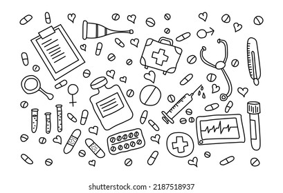 Medical seamless pattern. Tiling textures with thin line web icons set. Vector illustration. Abstract health care and medicine background for mobile app,coloring book, website, presentation.