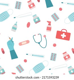 Medical seamless pattern, medical tools texture, healthcare background, doctor wallpapers: stethoscope, first aid box, syringe, pills, thermometer, spray, medical mask. Vector illustration flat