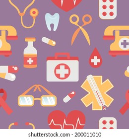 Medical seamless pattern in trendy flat style with various health care objects
