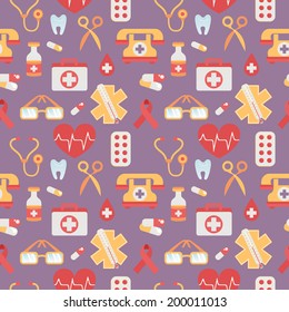 Medical seamless pattern in trendy flat style with various health care objects