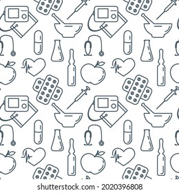 Medical Seamless pattern Vector illustration Cardiogram Tonometer Pressure measurement Pills Mortar Ampoule Flask Syringe Heart rate Stethoscope Medicine, Pharmacy elements Diagnostics Clinic Hospital