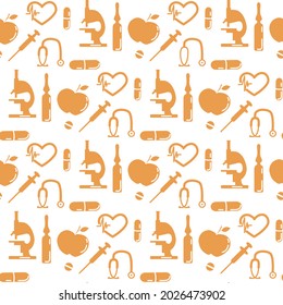 Medical Seamless pattern Vector illustration Cardiogram Pills Ampoule Syringe Heart Stethoscope Apple Medicine Pharmacy Diagnostics Clinic Hospital