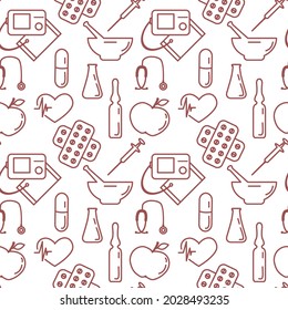 Medical Seamless pattern Vector illustration Cardiogram Tonometer Pressure measurement Pills Mortar Ampoule Flask Syringe Heart rate Stethoscope Medicine, Pharmacy elements Diagnostics Clinic Hospital