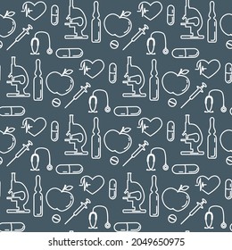 Medical Seamless pattern Vector illustration Cardiogram Pills Ampoule Syringe Heart Stethoscope Apple Medicine Pharmacy Diagnostics Clinic Hospital