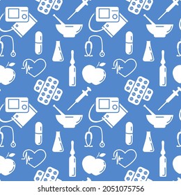 Medical Seamless pattern Vector illustration Cardiogram Tonometer Pressure measurement Pills Mortar Ampoule Flask Syringe Heart rate Stethoscope Medicine, Pharmacy elements Diagnostics Clinic Hospital