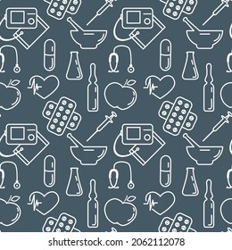 Medical Seamless pattern Vector illustration Cardiogram Tonometer Pressure measurement Pills Mortar Ampoule Flask Syringe Heart rate Stethoscope Medicine, Pharmacy elements Diagnostics Clinic Hospital