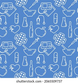 Medical Seamless pattern Vector illustration Cardiogram Tonometer Pressure measurement Pills Mortar Ampoule Flask Syringe Heart rate Stethoscope Medicine, Pharmacy elements Diagnostics Clinic Hospital