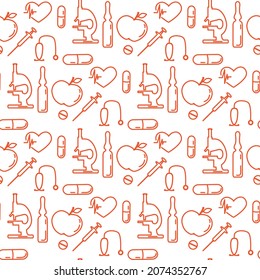 Medical Seamless pattern Vector illustration Cardiogram Pills Ampoule Syringe Heart Stethoscope Apple Medicine Pharmacy Diagnostics Clinic Hospital