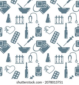 Medical Seamless pattern Vector illustration Cardiogram Tonometer Pressure measurement Pills Ampoule Flask Syringe Heart Stethoscope Blood glucose meter Medicine Pharmacy Diagnostics Clinic Hospital