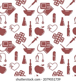 Medical Seamless pattern Vector illustration Cardiogram Tonometer Pressure measurement Pills Mortar Ampoule Flask Syringe Heart rate Stethoscope Medicine, Pharmacy elements Diagnostics Clinic Hospital