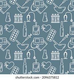 Medical Seamless pattern Vector illustration Cardiogram Tonometer Pressure measurement Pills Ampoule Flask Syringe Heart Stethoscope Blood glucose meter Medicine Pharmacy Diagnostics Clinic Hospital