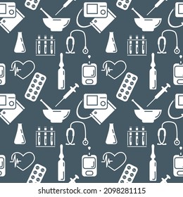 Medical Seamless pattern Vector illustration Cardiogram Tonometer Pressure measurement Pills Ampoule Flask Syringe Heart Stethoscope Blood glucose meter Medicine Pharmacy Diagnostics Clinic Hospital