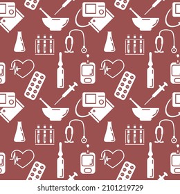 Patrón médico sin foco Ilustración vectorial Cardiograma Medición de la presión del tonómetro Píldoras Ampolla Jeringa Estetoscopio de corazón Gálibo de sangre Medidor de glucosa Medicina Diagnóstico de farmacia Hospital