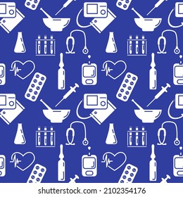 Medical Seamless pattern Vector illustration Cardiogram Tonometer Pressure measurement Pills Ampoule Flask Syringe Heart Stethoscope Blood glucose meter Medicine Pharmacy Diagnostics Clinic Hospital
