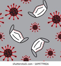 Medical seamless pattern with viruses, bacterias and masks. Coronavirus, covid-19 in flat line style. Micro-organisms disease on gray colour.
