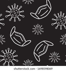 Medical seamless pattern with viruses and masks. Coronavirus, covid-19 bacteria in flat style. Micro-organisms disease on black colour.