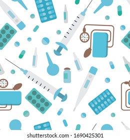 Medical seamless pattern.Medical supplies: pressure measuring device, tablets, pills, thermometer, syringe, enema, ampoules isolated on a white background.Trendy colors.Flat style vector illustration.