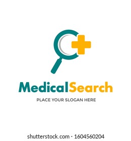 Medical Search vector logo template. Minimalist design with magnifying glass and medical symbol.