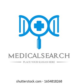 Medical search vector logo template. This design use dna or chromosome symbol and magnifying glass.