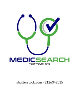 Medical search vector logoteplate. This design use magnifying glass and stethoscope symbol. Suitable for finder doctor business.