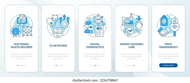 El sector médico muestra las tendencias de la pantalla azul de aplicaciones móviles. Recorrido 5 pasos instrucciones gráficas editables con conceptos lineales. UI, UX, plantilla GUI. Multitud de tipos de letra Pro-Bold, con uso regular