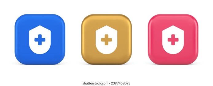 Medical secure shield check plus button approval confidential medicine protection 3d realistic blue gold and pink icons. Healthcare privacy safety care medication insurance badge