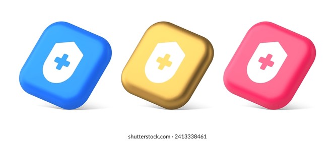 Medical secure shield check plus button approval confidential medicine protection 3d realistic blue gold and pink icons. Healthcare privacy safety care medication insurance badge