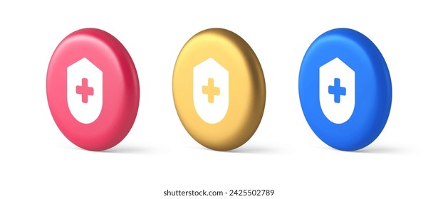 Medical secure shield check plus button approval confidential medicine protection 3d realistic blue gold and pink icons. Healthcare privacy safety care medication insurance badge