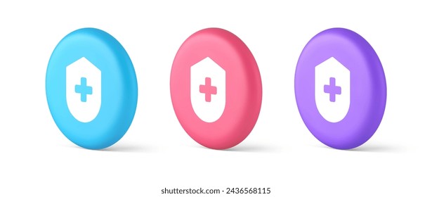 Medical secure shield check plus button approval confidential medicine protection 3d realistic blue pink and purple icons. Healthcare privacy safety care medication insurance badge