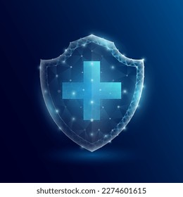 Seguridad médica escudo de salud traslúcido bajo triángulo de poli futurista brillante. Sobre fondo azul oscuro. Concepto de innovación médica de protección de la inmunidad. EPS10 vectores.