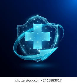 Medical security health shield translucent low poly triangle futuristic glowing surrounded by arrows. On dark blue background. Immunity protection medical innovation concept. Vector EPS10.