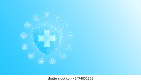 Medical security health shield translucent low poly triangle futuristic glowing surrounded by human organ icon. On dark blue background. Immunity protection medical innovation concept. Vector EPS10.