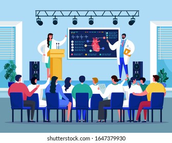 Medical seminar conference with doctors meeting on heart medicine healthcare treatment vector illustration. Meeting room for medics workshop presentation with people and doctor speaker.