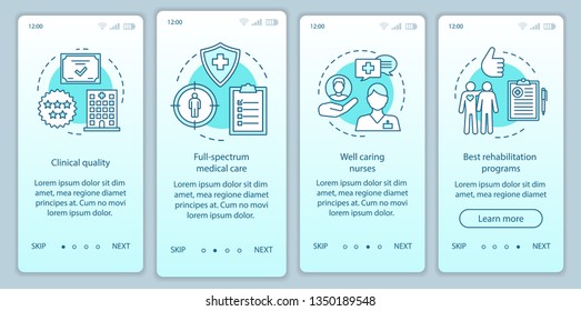 Medical service advances onboarding mobile app page screen vector template. Quality treatment, rehabilitation. Walkthrough website steps with illustrations. UX, UI, GUI smartphone interface concept