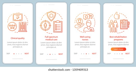 Medical service advances onboarding mobile app page screen with linear concepts. Health care programs, qualified nurses walkthrough steps graphic instructions. UX, UI, GUI vector template