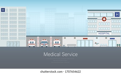 Medical service banner with hospital building and ambulance vector illustration