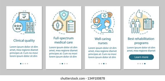 Medical service benefits onboarding mobile app page screen vector template. Quality treatment and care. Walkthrough website steps with linear illustrations. UX, UI, GUI smartphone interface concept